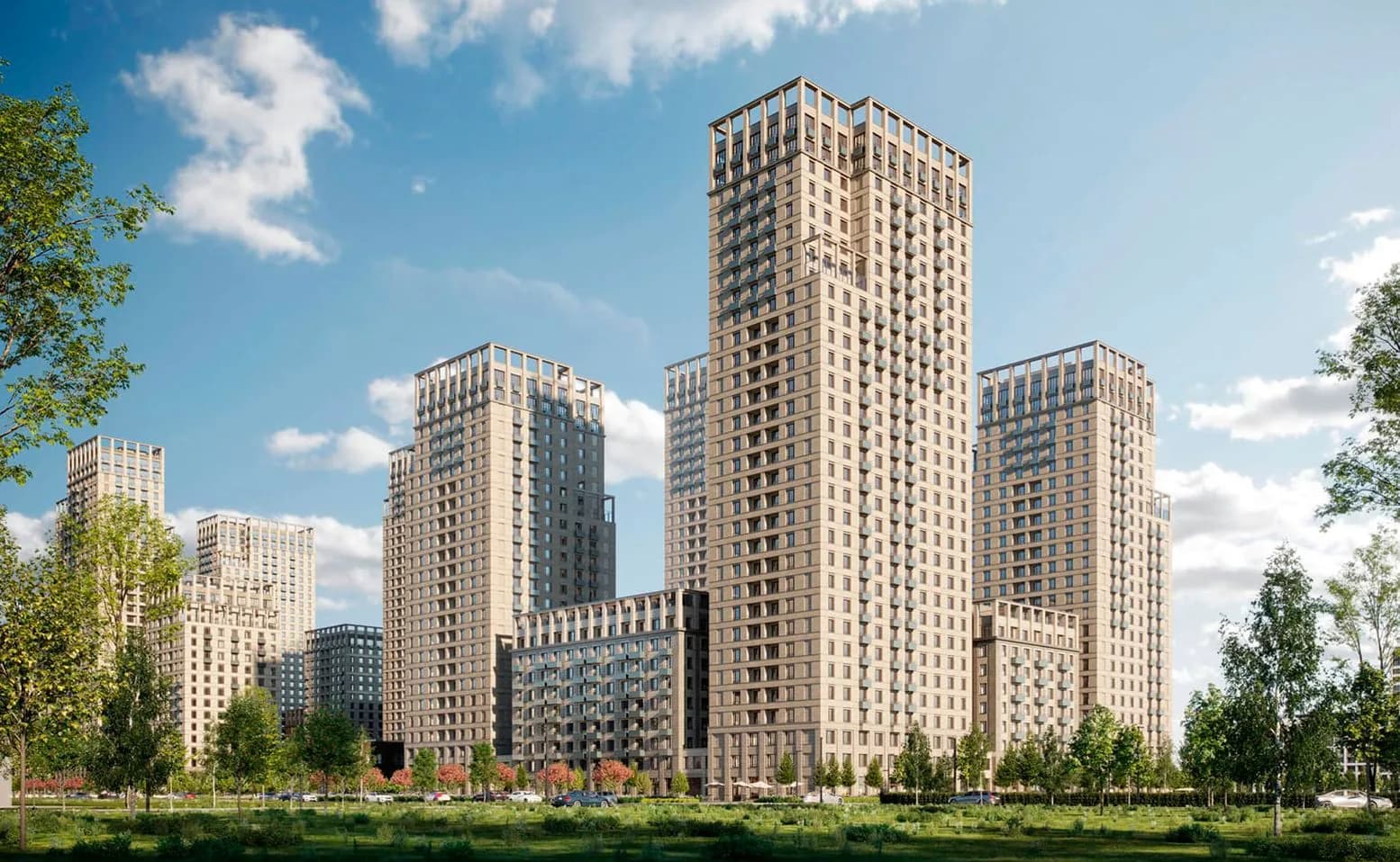 Башни квартала «Метроном» над зеленью Метрогородка