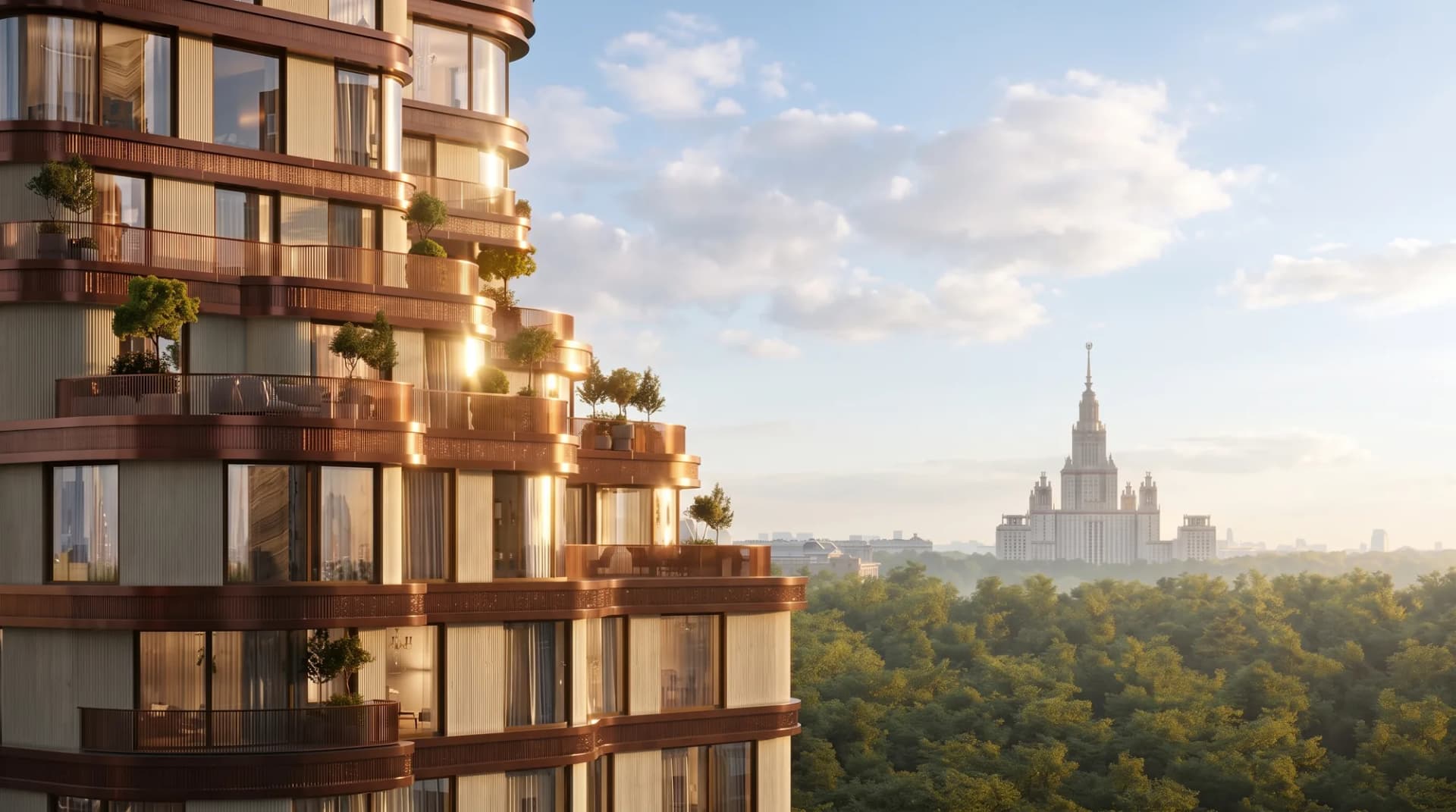 Башня ЖК «Золотые крылья» и панорама Раменок с главным зданием МГУ на горизонте