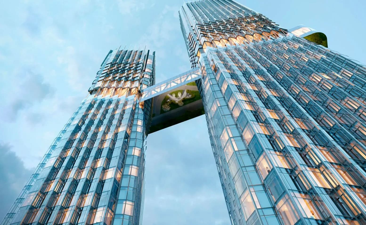 Стеклянные башни «Хайдаута» с мостом снизу