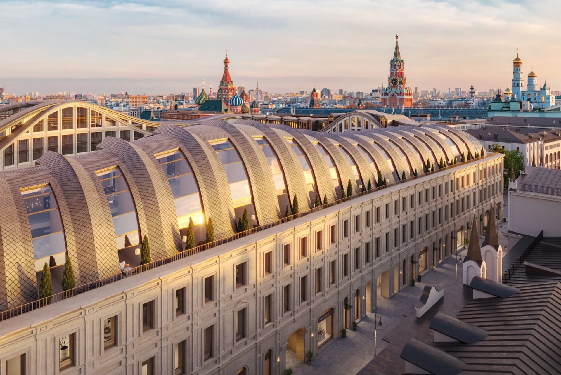 Крыши квартала «Николь» на Никольской улице с видом на Кремль