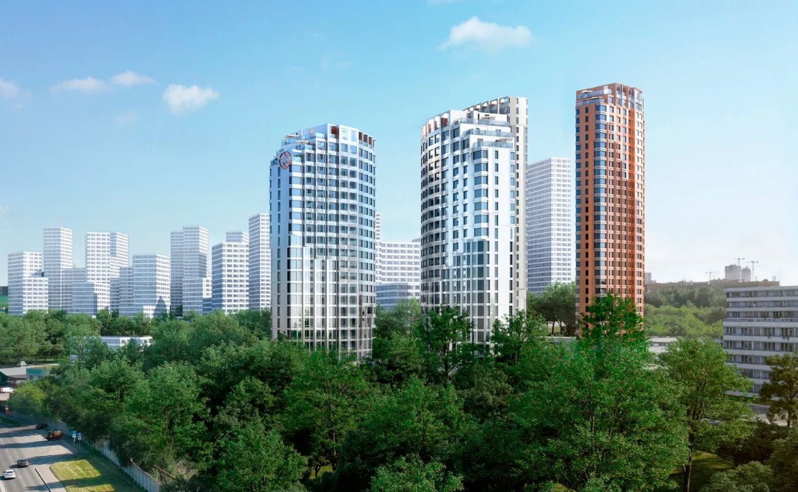 Башни ЖК «Роттердам» над зеленью у Москвы-реки