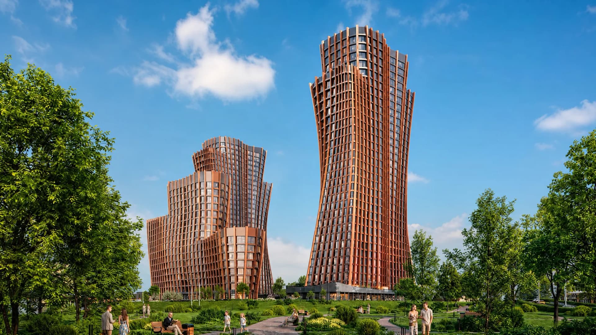 Корпуса-бутоны ЖК «Сикрет Гарден» с медными ламелями над летним парком в ясный день